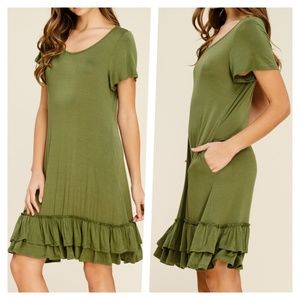 Short Sleeve Ruffle Layer Dress in Green Avocado